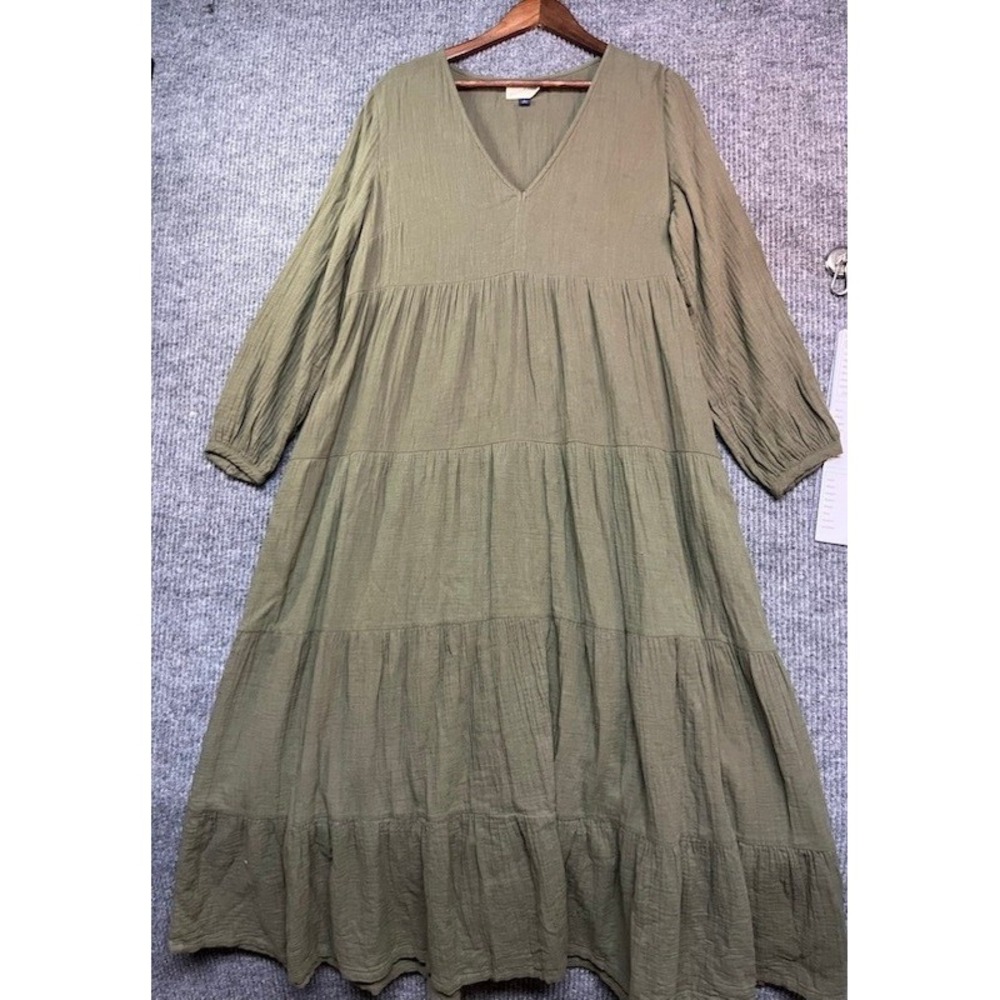 Universal Thread Olive Green Tiered Cotton Gauze V-Neck Midi Dress Womens Large